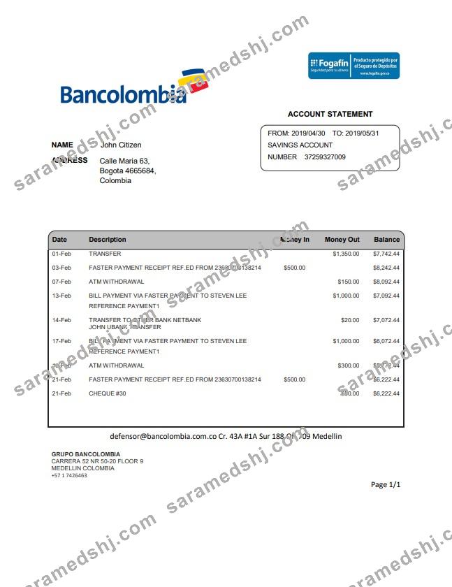 Colombia Bancolombia bank statement